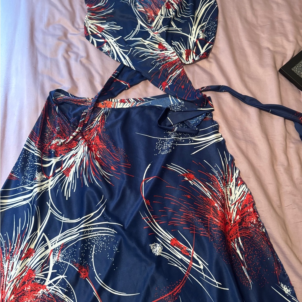 Vintage 2 piece navy red wrap skirt/top 60s-70s